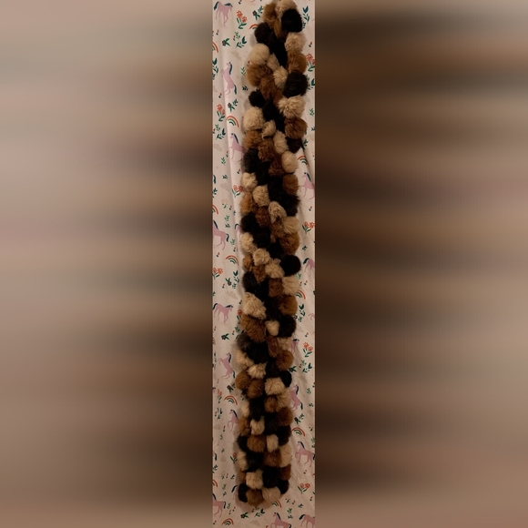 Vintage Genuine Rabbit Fur 3 Tone Brown Neutral Boho Formal PomPom Scarf Wrap - Picture 4 of 5